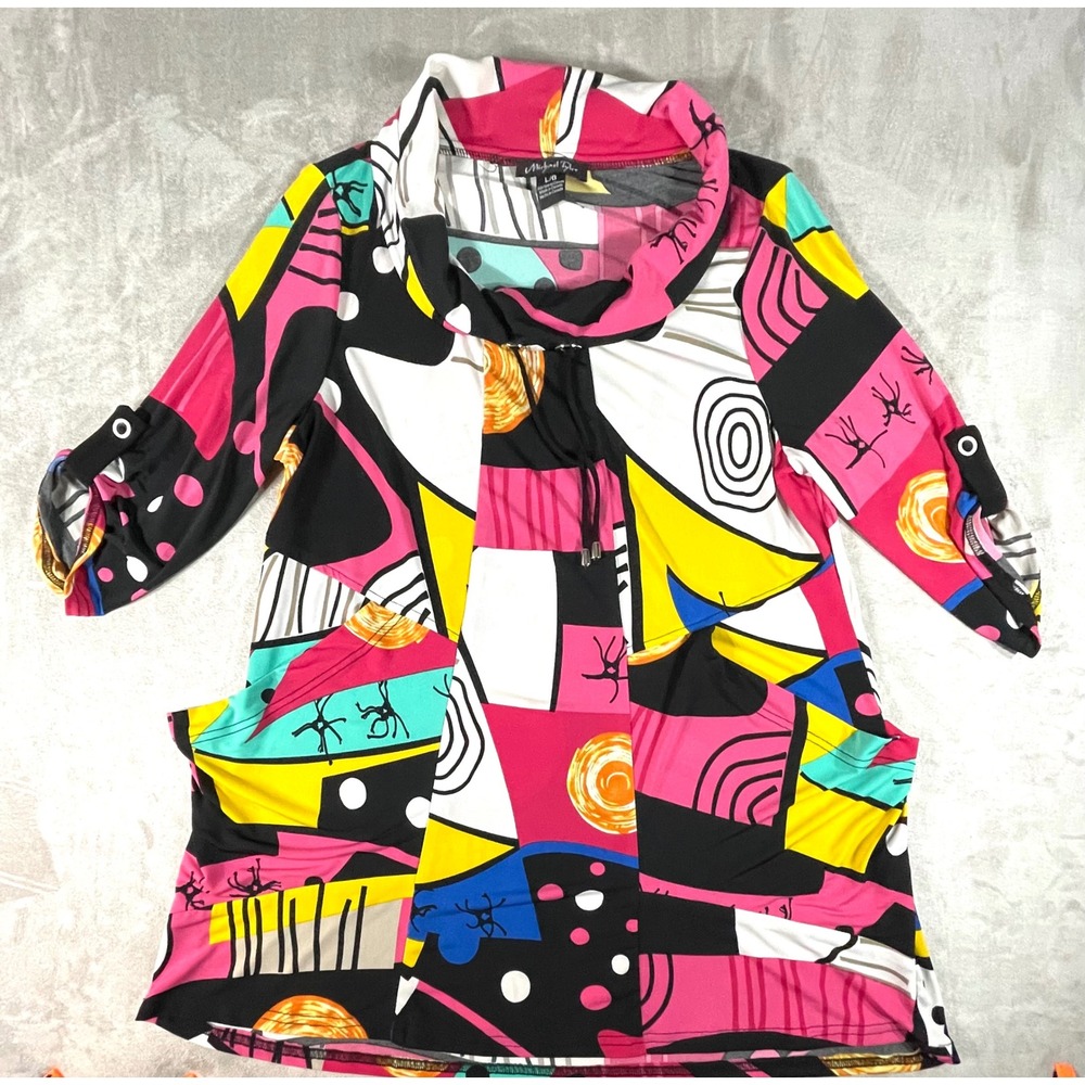 Michael Tyler Tunic Women L Multi Color Abstract Art Cowl Neck Roll Tab 22S1239